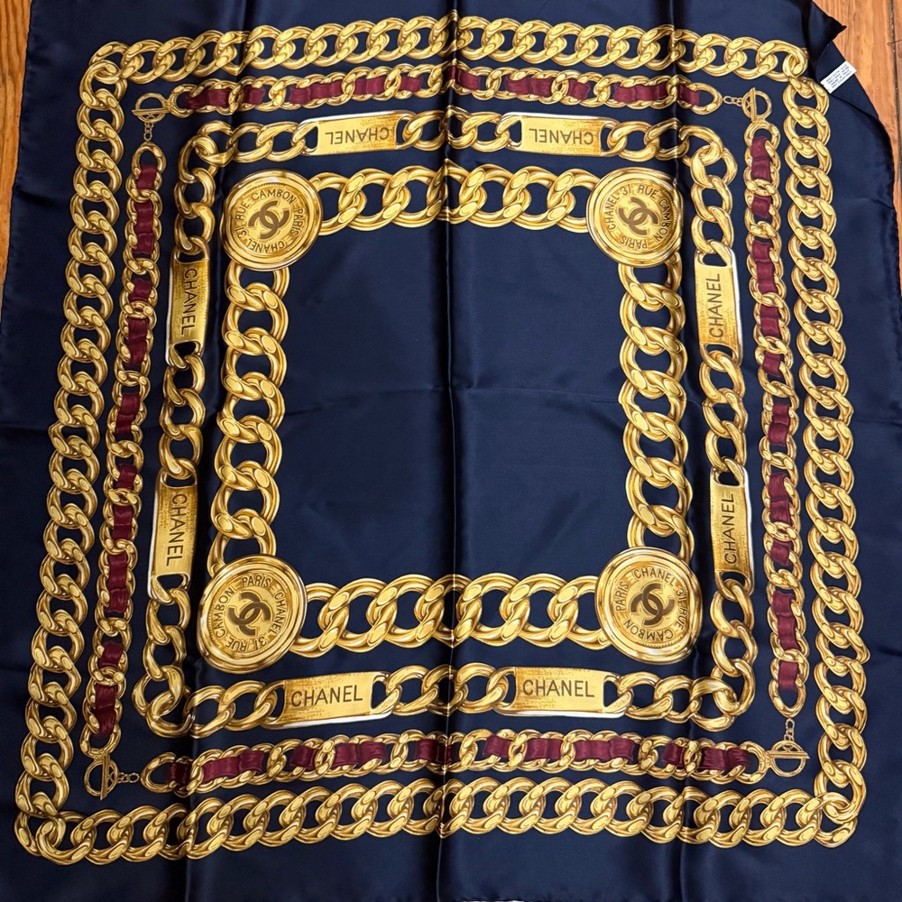 Chanel Gold Chain and Navy Scarf